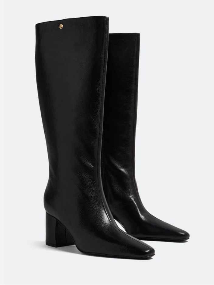 New Tory Burch Banana Tall Curved Heel Heeled Boots Black Calfskin Leather 9.5